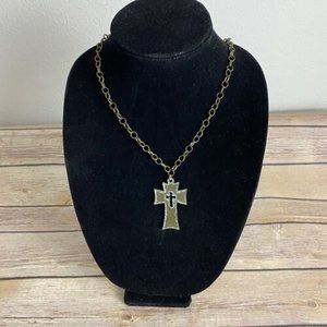 Gold Tone Womens Necklace Cross with Cross Turquoise inside Textured Chain 18"